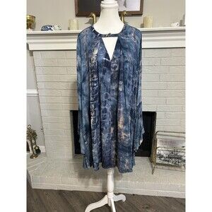 Umgee XL Blue Tiedye Boho Babydoll Dress Bell Sleeve Swing Festival Flowy